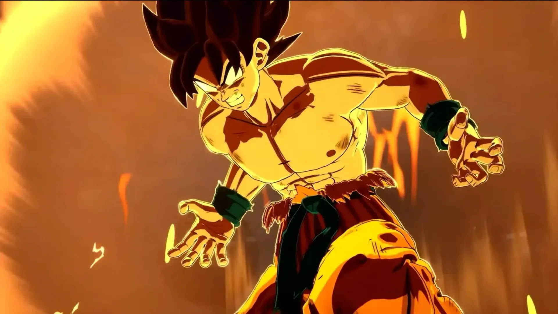 An anime warrior with spiky hair straining and glowing with energy as he powers up amid flames